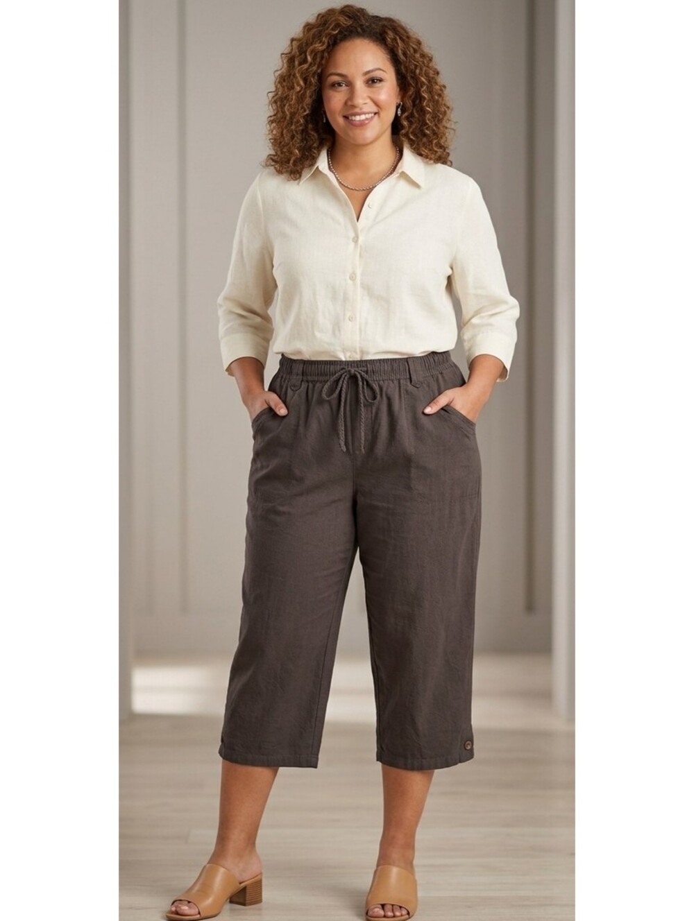 Erika Woman's Brown Pull On Relaxed Fit Casual Capri Pants
